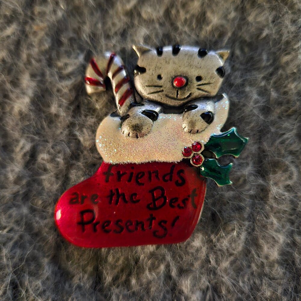 Cat in Christmas stocking, pewter, vintage brooch, Friends are the Best Presents